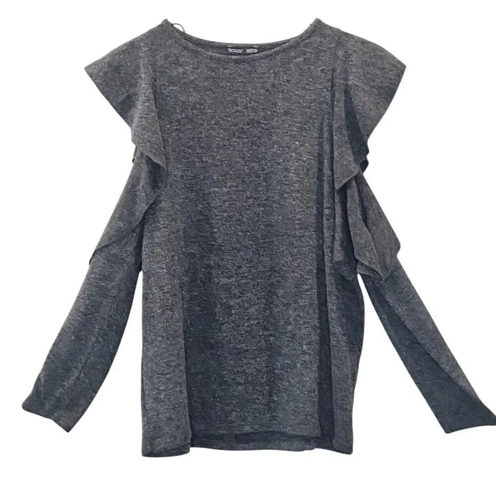 Zara W&B Collection Knit Ruffle Cold Shoulder Sleeve Sweater Gray Small
